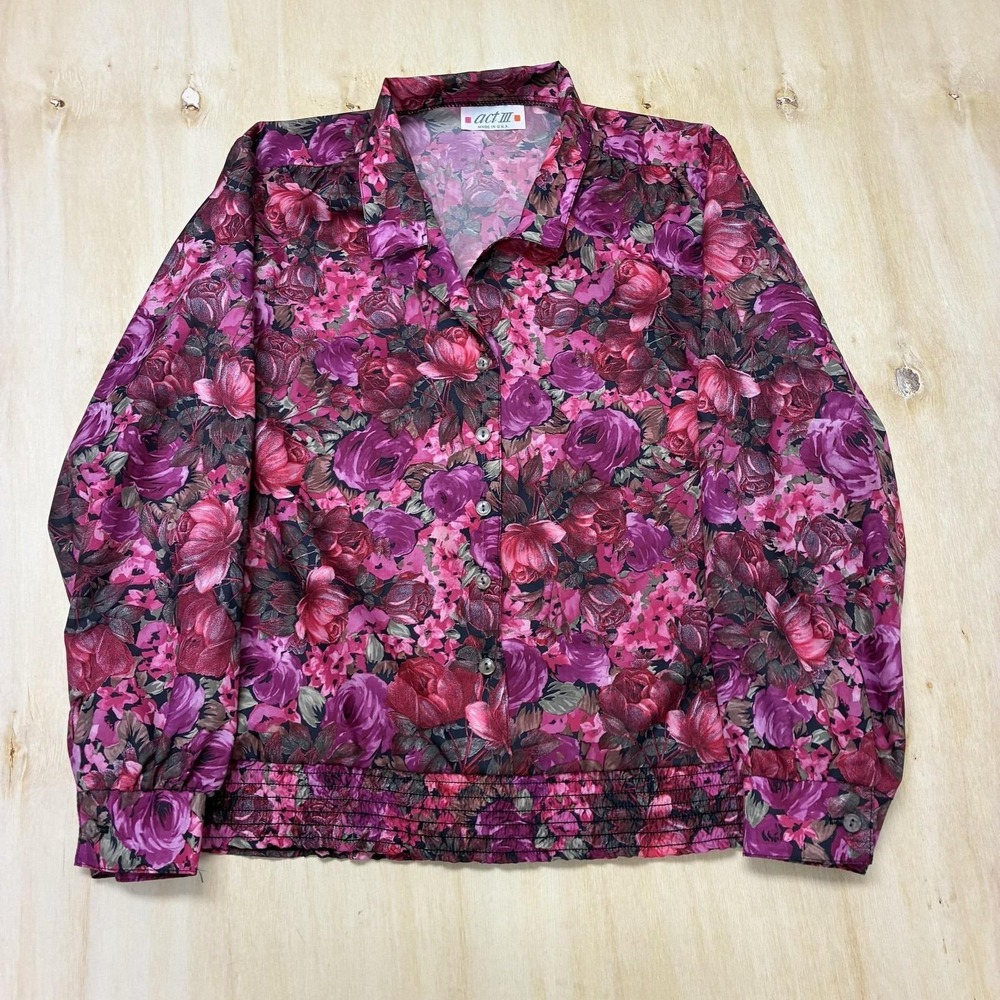 Vintage Act III Button Up Shirt Womens Large Pink Floral Long Sleeve Blouse